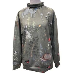 Forest Print Turtleneck Pull Over Sweatshirt Fairy Spring Mushrooms Easter Small